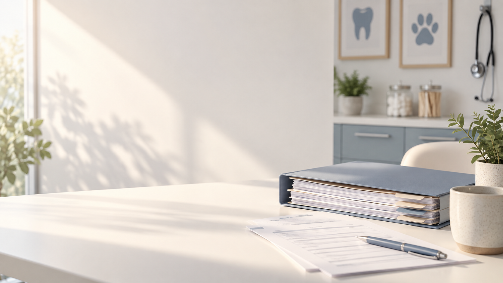 A binder and documents on a clinic desk